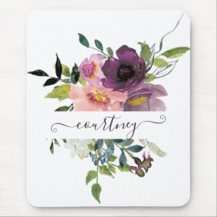 Mousepad Floral personalizado com aquarela rosa e roxa