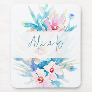 Mousepad Floral personalizado em aquarela rosa e azul