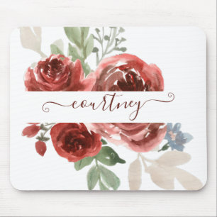 Mousepad Floral personalizado em aquarela vermelho profundo