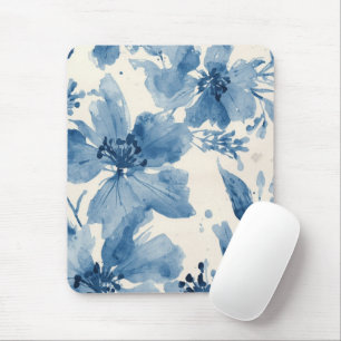 Mousepad Floral Pintado Botânico Caprichoso Aquarela Azul