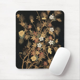 Mousepad Floral Preto Arte Vintage Japonês Outono Dourado
