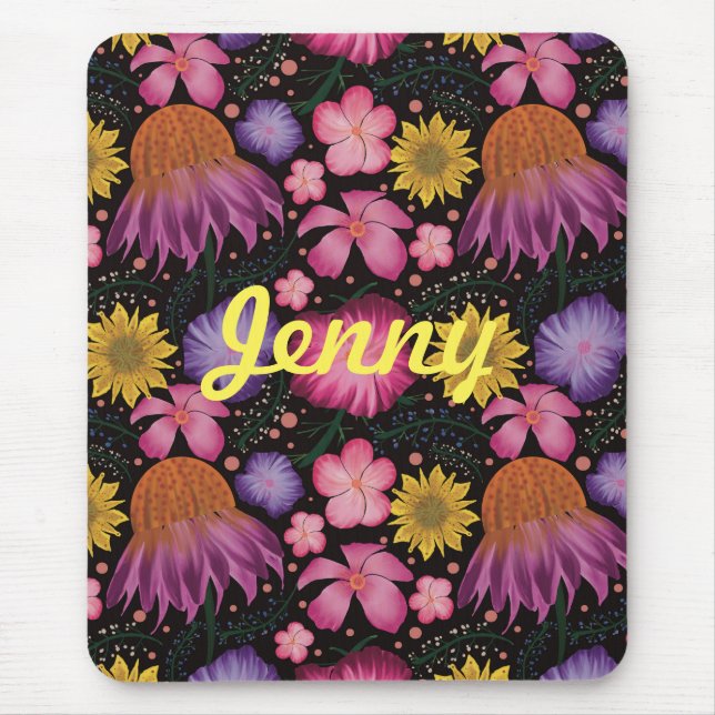 Mousepad Floral Preto de Flor Selvagem Personalizado (Frente)