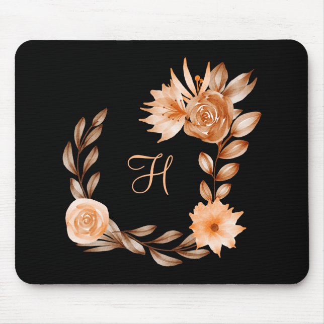 Mousepad Floral Preto Marrom e Pêssego Monogramado (Frente)