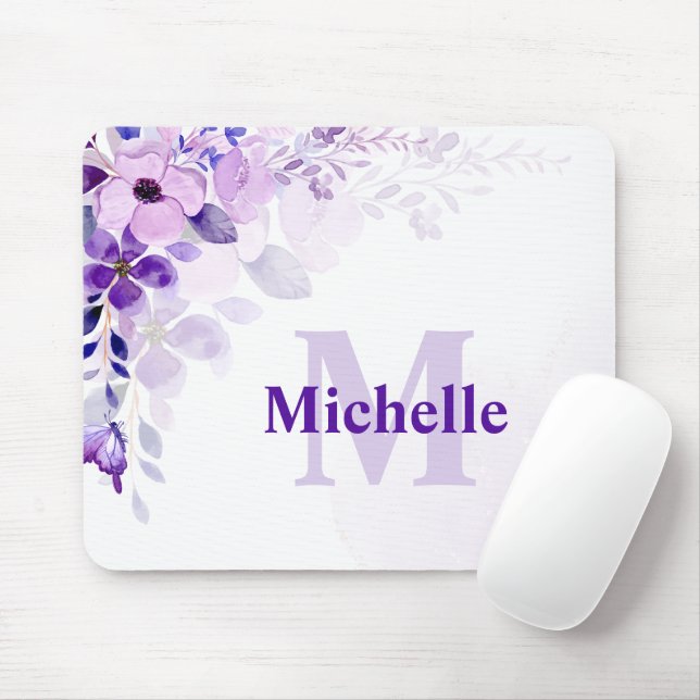Mousepad Floral Púrpura Personalizado com Nome e Monograma (Com mouse)