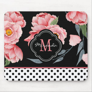 Mousepad Floral rosa com Bolinhas e monograma