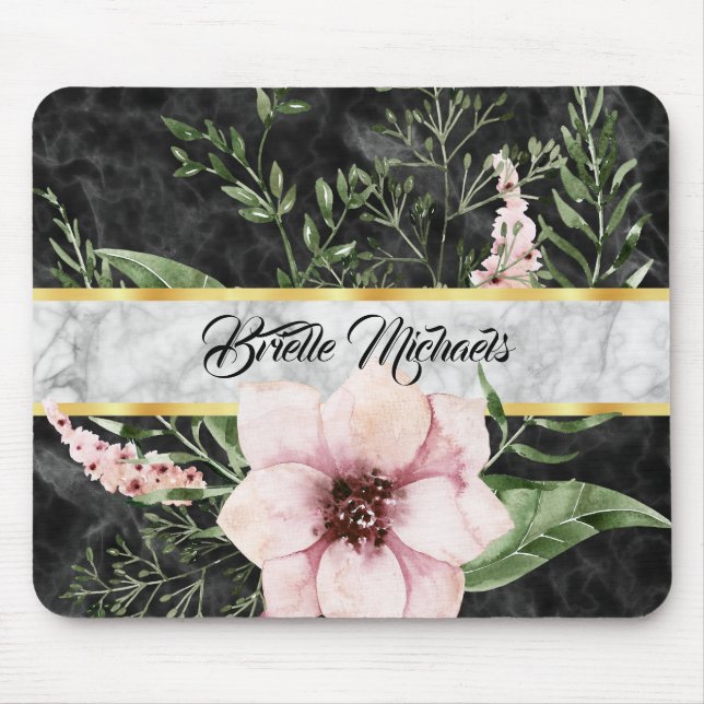 Mousepad Floral Rosa-de-Mármore Preto Elegante com Nome (Frente)