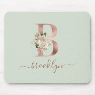 Mousepad Floral Rosa Dourado Monograma - Letra "B" Sage Ver