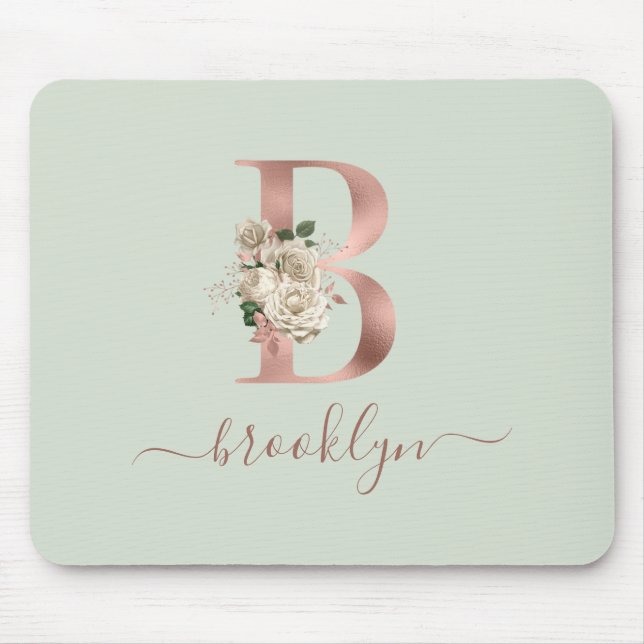 Mousepad Floral Rosa Dourado Monograma - Letra "B" Sage Ver (Frente)