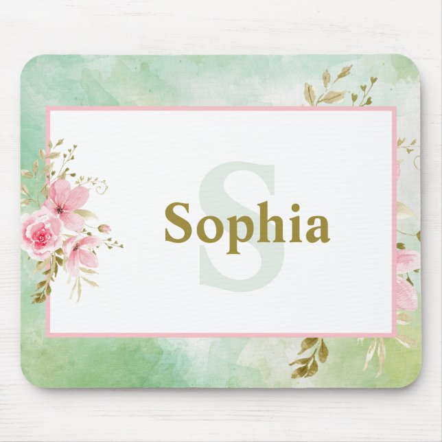Mousepad Floral Verde Personalizado com Nome e Monograma (Frente)