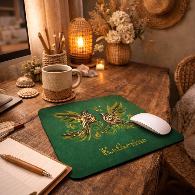 Mousepad Floral Verde Personalizado Vintage Pássaro (Criador carregado)