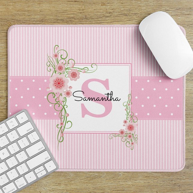 Mousepad Floral Verde Rosa e Stripes Monograma (Criador carregado)