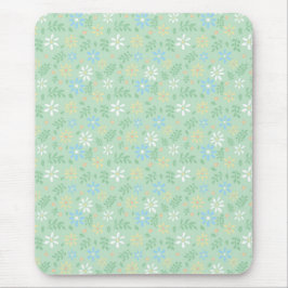 Mousepad Floral Verde Suave com Flores Amarelas Azuis Branc