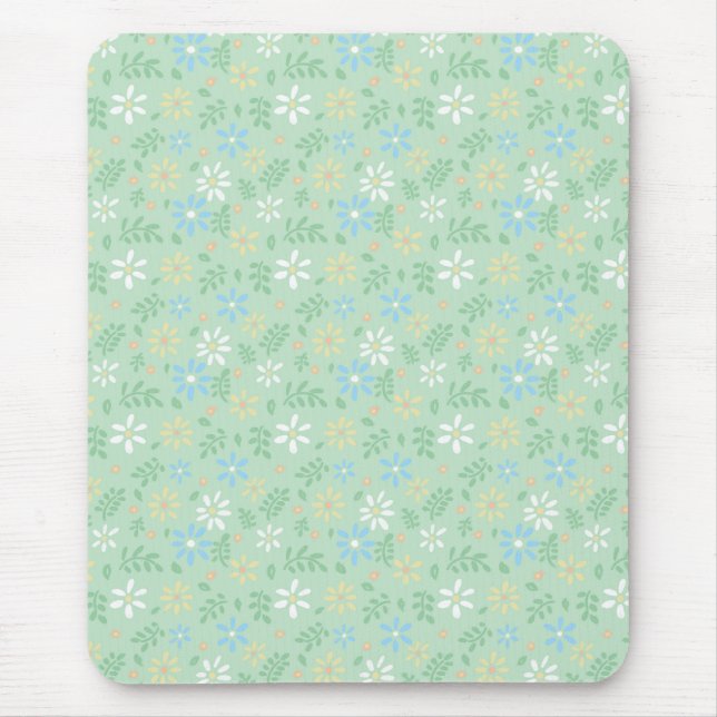 Mousepad Floral Verde Suave com Flores Amarelas Azuis Branc (Frente)