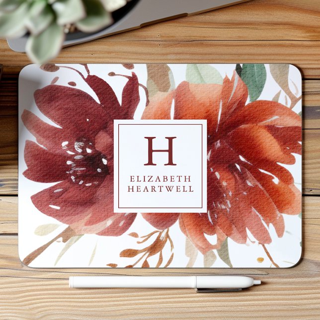 Mousepad Floral Watercolor Burgundy Burnt Orange Monograma (Criador carregado)