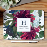 Mousepad Floral Watercolor Burgundy Marinho Azul Monograma<br><div class="desc">Este design apresenta um buquê floral de cor d'água de flores burgundy,  azul marinho e brancas. Personalize-o com o seu monograma inicial e o seu nome na fonte azul-marinho definida por um quadrado branco.</div>
