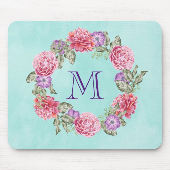 Mousepad Floral Wreath Watercolor Flowers Monograma Persona (Frente)