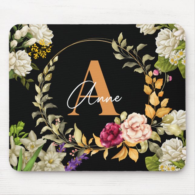 Mousepad Florals Wreath Design em preto personalizado (Frente)