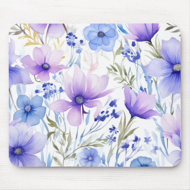 Mousepad FLORES ABSTRATAS EM Aquarela AZUL E ROXO (Frente)