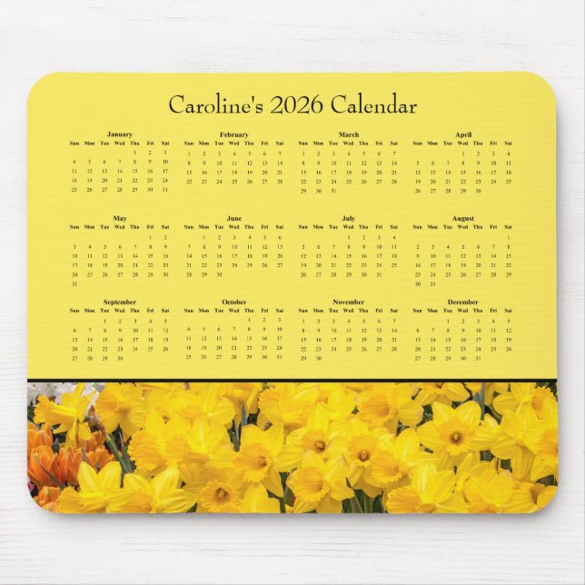 Mousepad Flores Amarelas - Calendário 2026 personalizável (Frente)