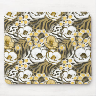 Mousepad Flores amarelas e brancas sobre fundo de tigre