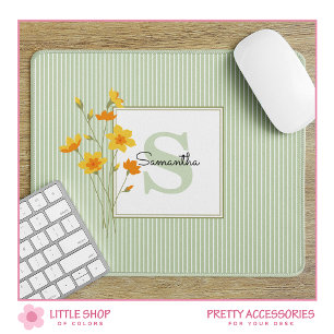 Mousepad Flores Amarelas e Listras Verdes com Monograma
