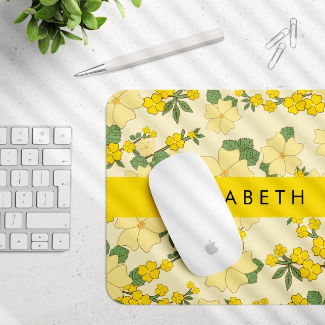 Mousepad Flores Amarelas, Padrão De Flores, Seu Nome (Criador carregado)