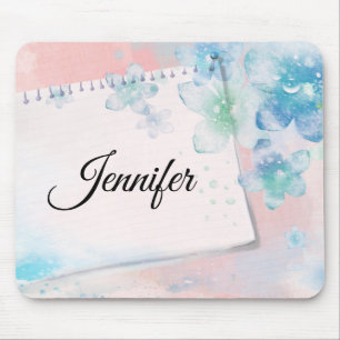 Mousepad Flores Azuis bonito em Fundo Rosa
