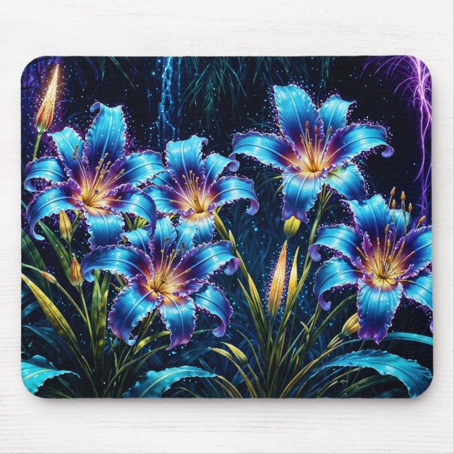 Mousepad Flores azuis brilhantes noite vibrante fantasia fl (Frente)