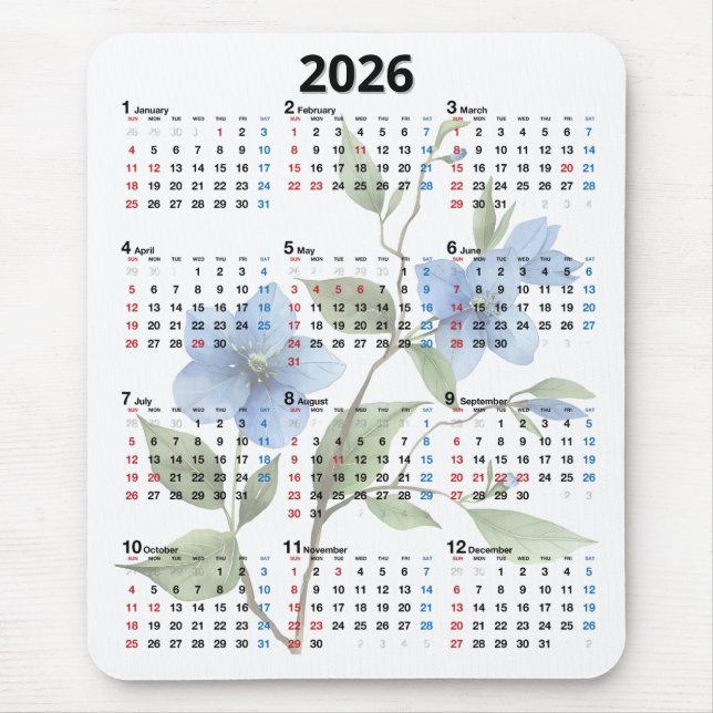 Mousepad Flores Azuis Calendário 2026 em Branco (Frente)