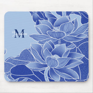 Mousepad Flores Azuis do Monograma Personalizadas Lotus Man