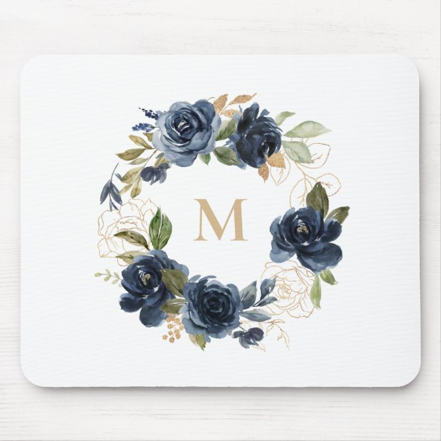 Mousepad Flores Azuis e Folhas de Ouro Folhas de Ferro Mono (Frente)