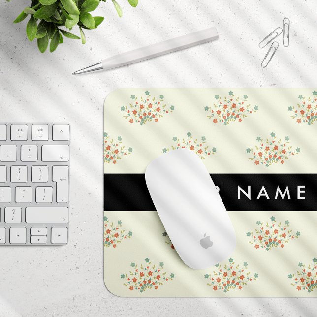 Mousepad Flores Azuis e Vermelhas, Preto, Seu Nome (Criador carregado)