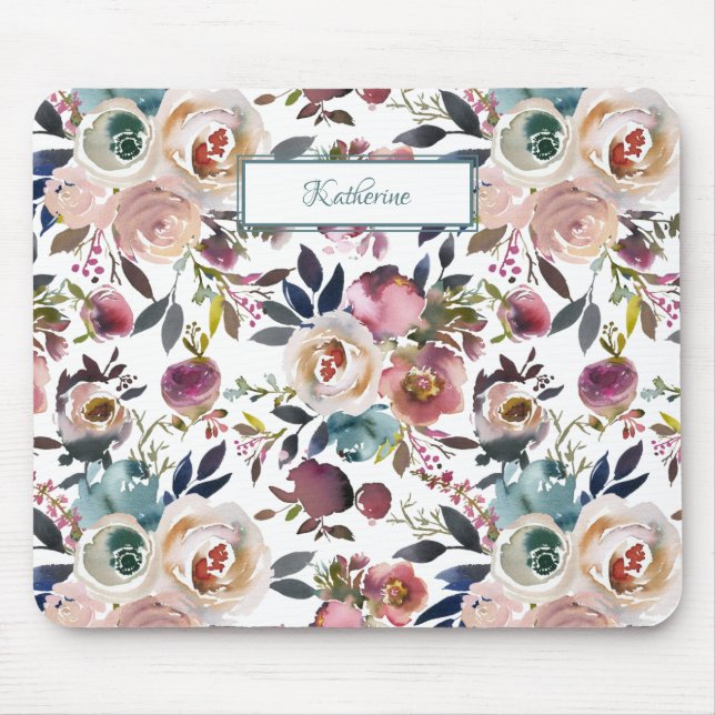Mousepad Flores Azuis Vermelhos Pintadas Clássicas Sage (Frente)