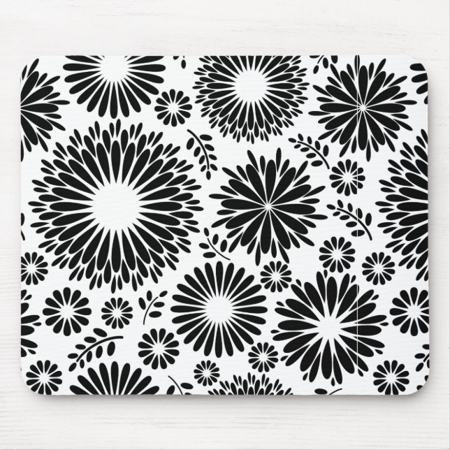 Mousepad Flores boho Padrão floral vetorial preto e branco (Frente)