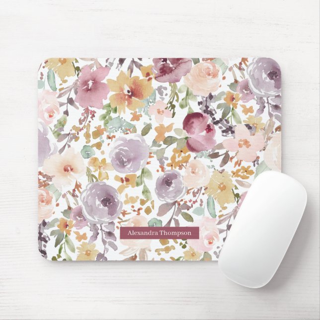 Mousepad Flores bonitas personalizadas Padrão de aquarela r (Com mouse)