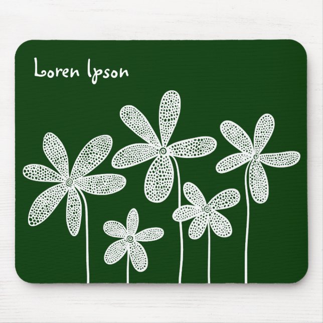 Mousepad Flores bonito - Branco sobre Verde Escuro (Frente)