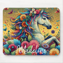 Flores bonito Coloridas Whimsical e Cavalo Branco