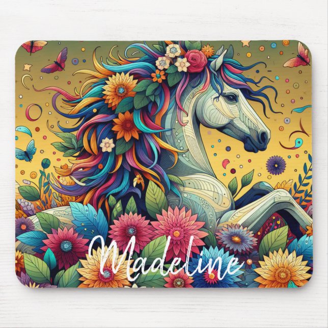 Mousepad Flores bonito Coloridas Whimsical e Cavalo Branco (Frente)