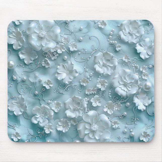 Mousepad Flores Brancas 3D sobre fundo azul claro (Frente)