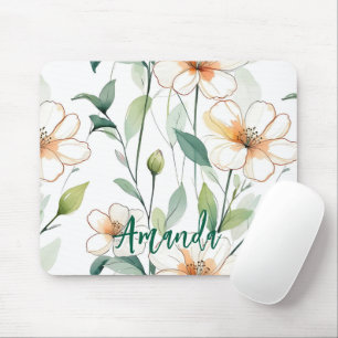 Mousepad Flores Brancas Arejadas Padrão de Verdura Flora Fl
