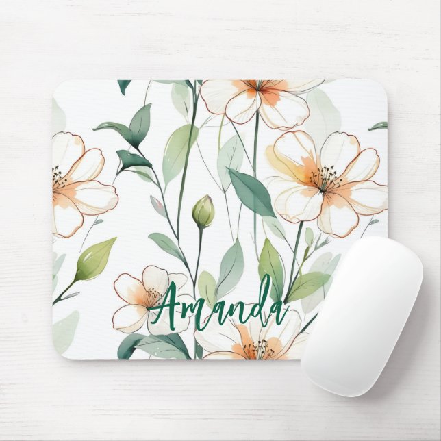 Mousepad Flores Brancas Arejadas Padrão de Verdura Flora Fl (Com mouse)