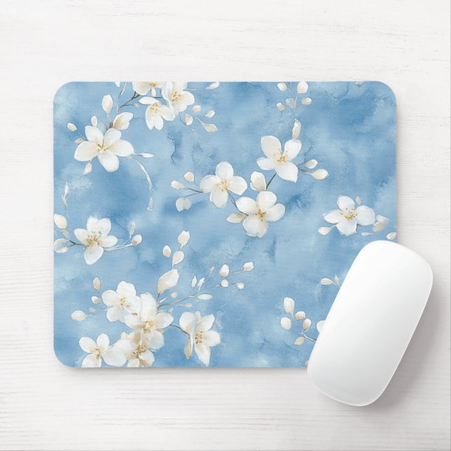 Mousepad Flores Brancas Bonitas Azul Céu (Com mouse)