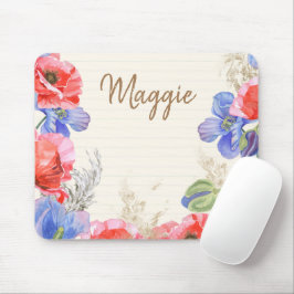 Mousepad Flores brancas com linhas monograma de cor-de-rosa