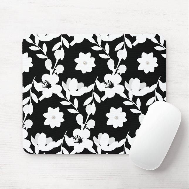 Mousepad Flores brancas com pérolas em preto (Com mouse)