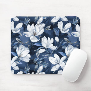 Mousepad Flores Brancas da Magnolia, Fundo Azul