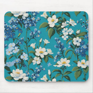 Mousepad Flores Brancas e Azuis com Fundo Azul Turquesa Flo