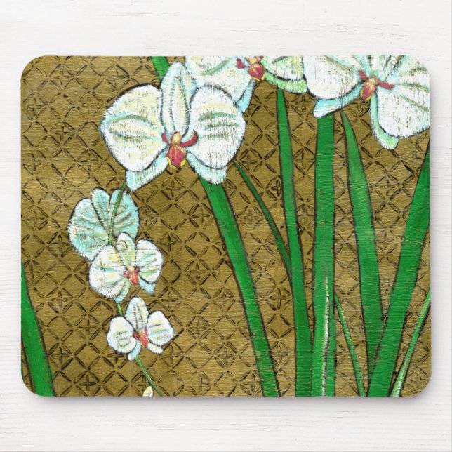 Mousepad Flores brancas e caules verdes na borda marrom (Frente)
