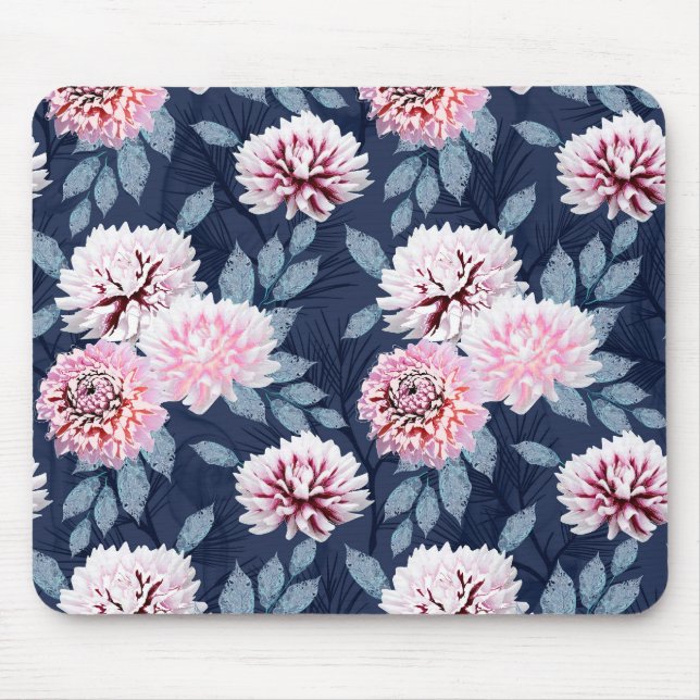 Mousepad Flores brancas e cor-de-rosa em azul escuro. (Frente)