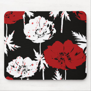 Mousepad Flores brancas e vermelhas a preto.