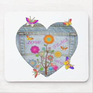 Mousepad Flores Cardíacas Denim Pocket Borboletas